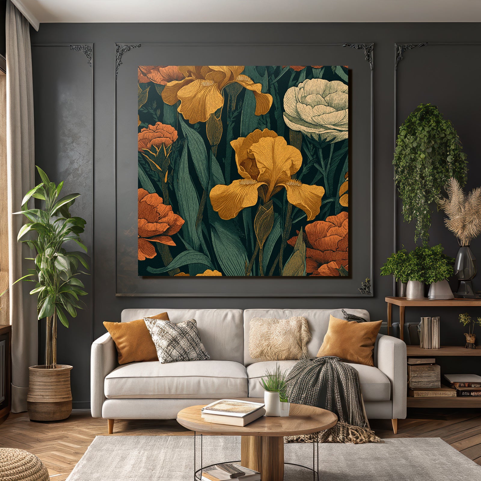 Dekoratives Florales Muster Mit Gelben Iris Und Orangenen Nelken Auf Dunklem Hintergrund