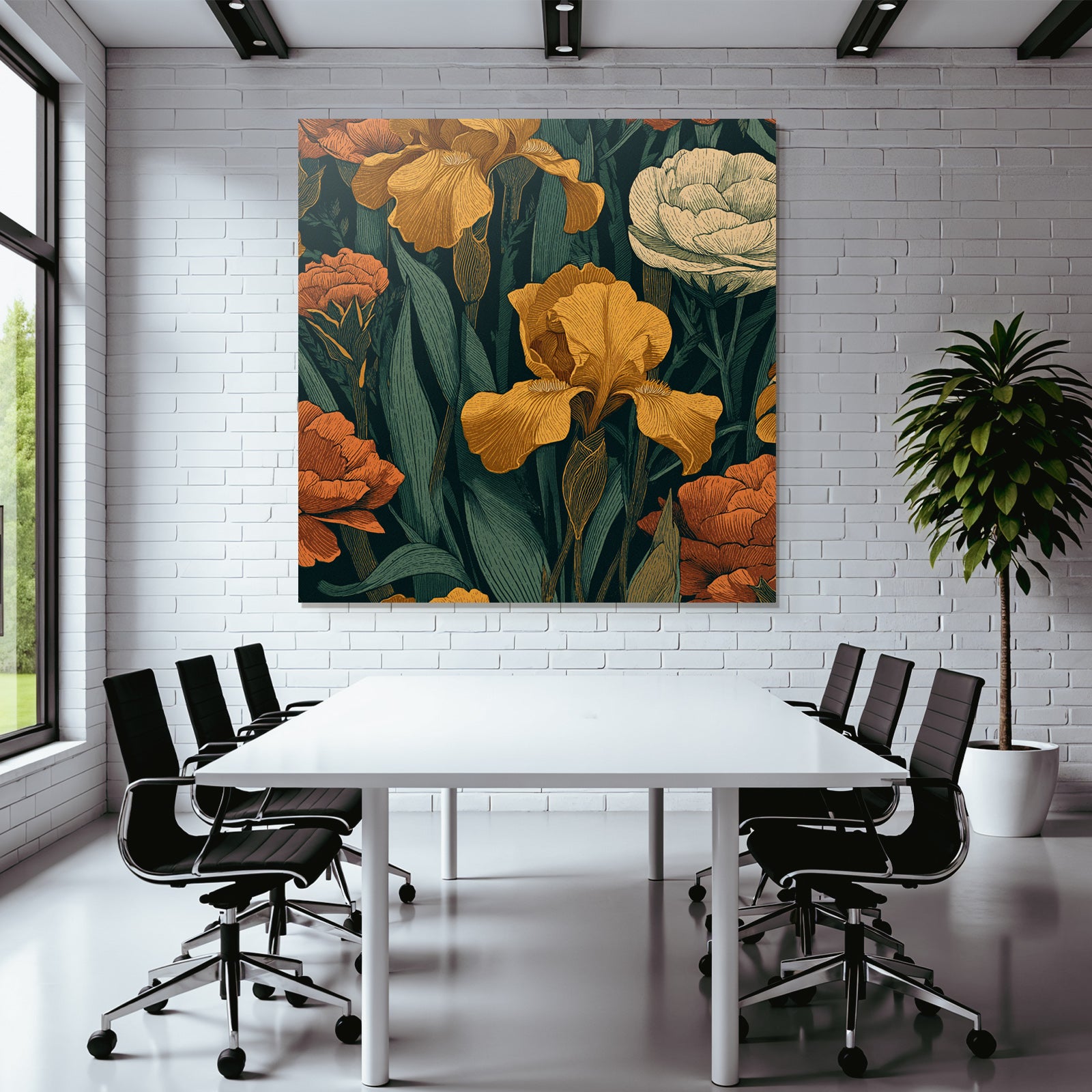 Dekoratives Florales Muster Mit Gelben Iris Und Orangenen Nelken Auf Dunklem Hintergrund