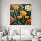 Dekoratives Florales Muster Mit Gelben Iris Und Orangenen Nelken Auf Dunklem Hintergrund