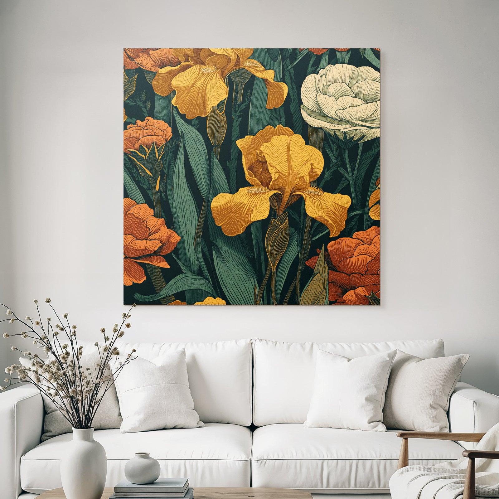 Dekoratives Florales Muster Mit Gelben Iris Und Orangenen Nelken Auf Dunklem Hintergrund