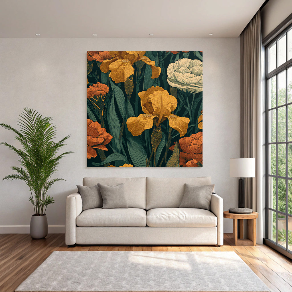 Dekoratives Florales Muster Mit Gelben Iris Und Orangenen Nelken Auf Dunklem Hintergrund