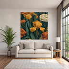 Dekoratives Florales Muster Mit Gelben Iris Und Orangenen Nelken Auf Dunklem Hintergrund