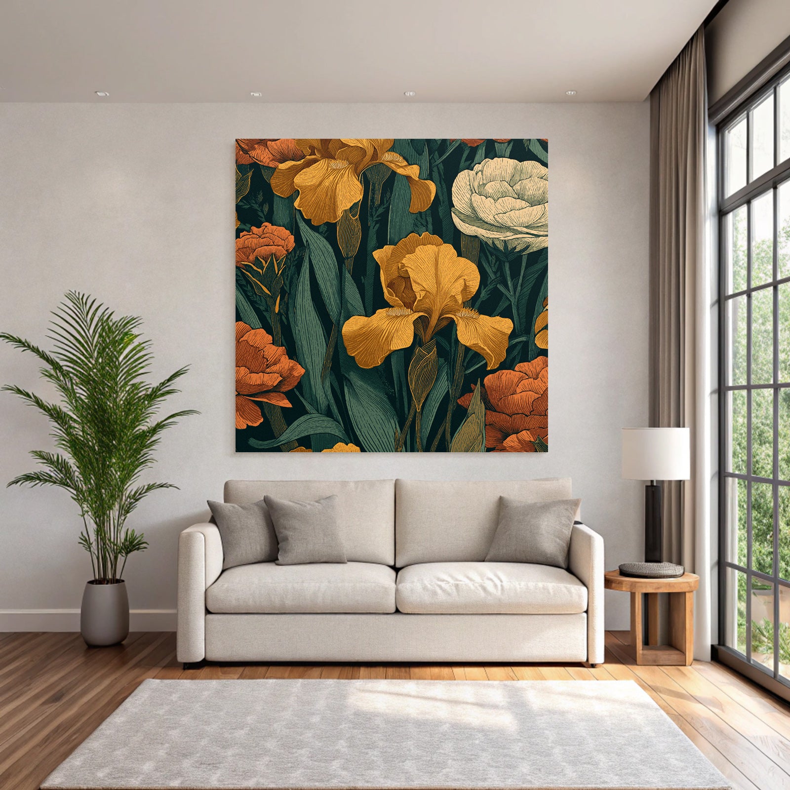 Dekoratives Florales Muster Mit Gelben Iris Und Orangenen Nelken Auf Dunklem Hintergrund
