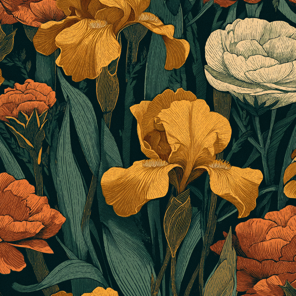 Dekoratives Florales Muster Mit Gelben Iris Und Orangenen Nelken Auf Dunklem Hintergrund | Jugendstil | Stilrichtungen