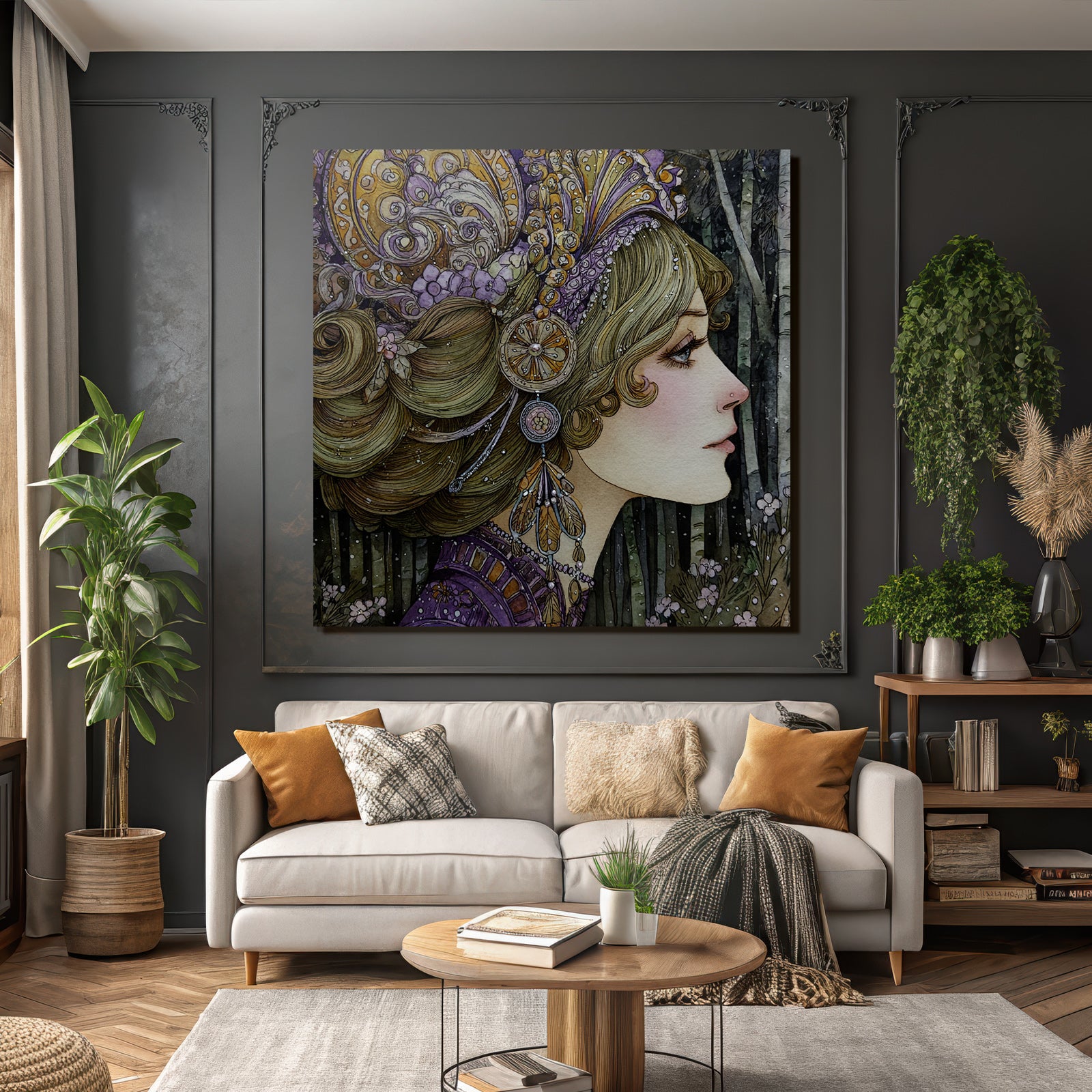 Fantasievolle Dame Mit Kunstvollem Kopfschmuck Im Wald