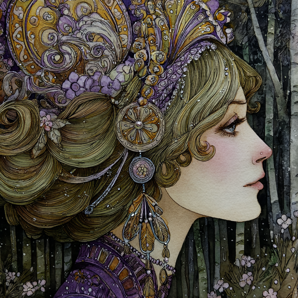 Fantasievolle Dame Mit Kunstvollem Kopfschmuck Im Wald | Jugendstil | Stilrichtungen