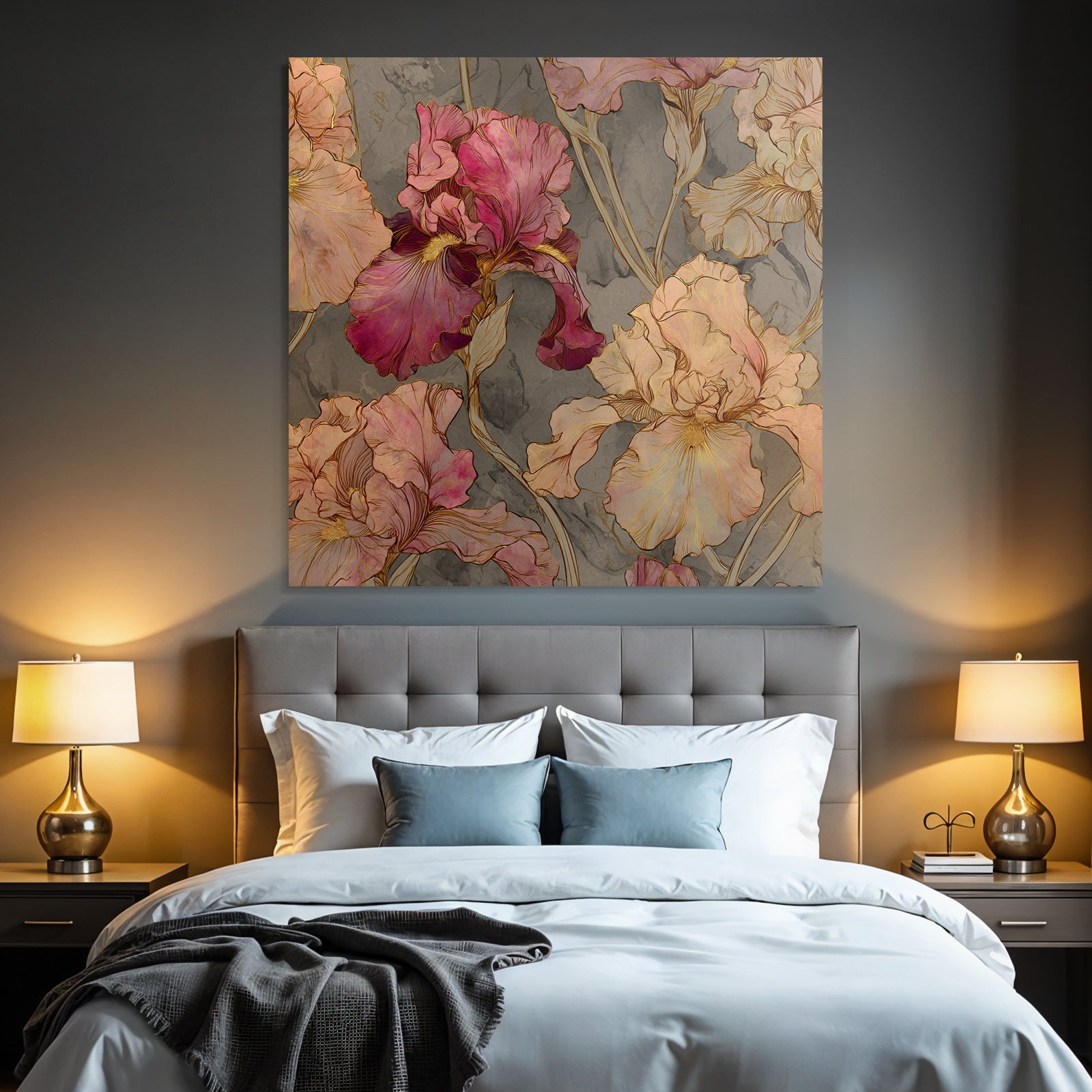 Florale Illustration Mit Irissen In Rosa Und Pfirsich Auf Graüm Hintergrund