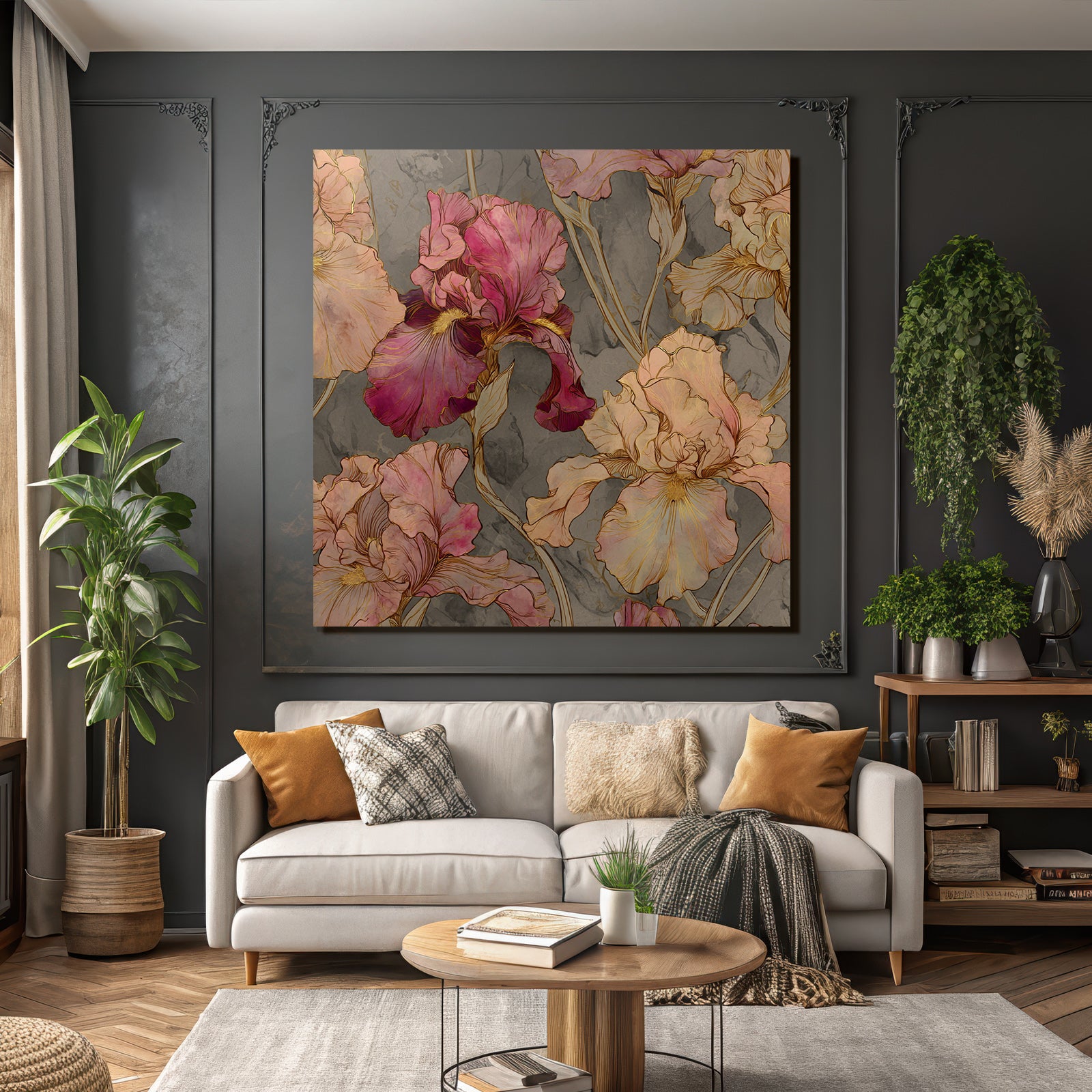 Florale Illustration Mit Irissen In Rosa Und Pfirsich Auf Graüm Hintergrund