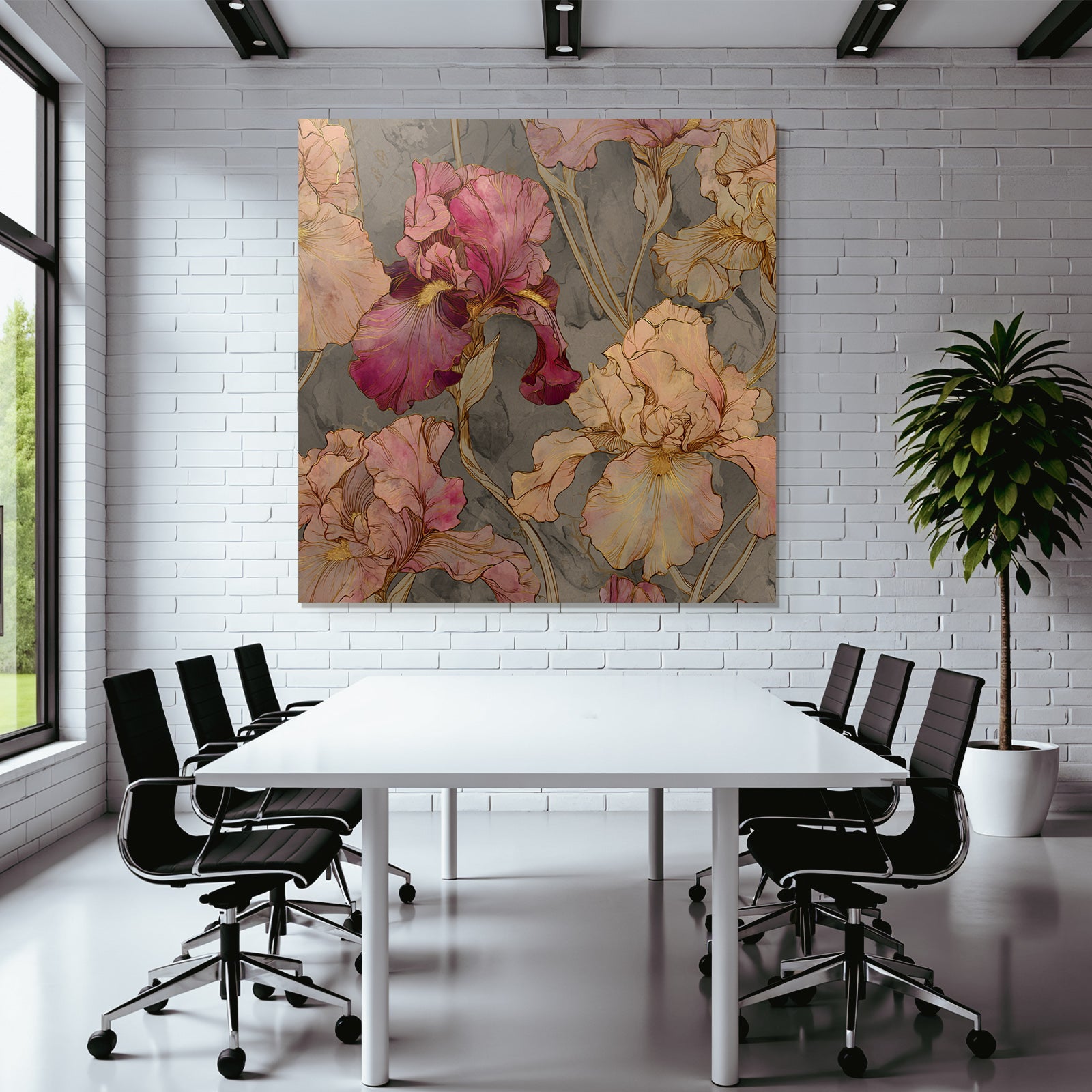 Florale Illustration Mit Irissen In Rosa Und Pfirsich Auf Graüm Hintergrund