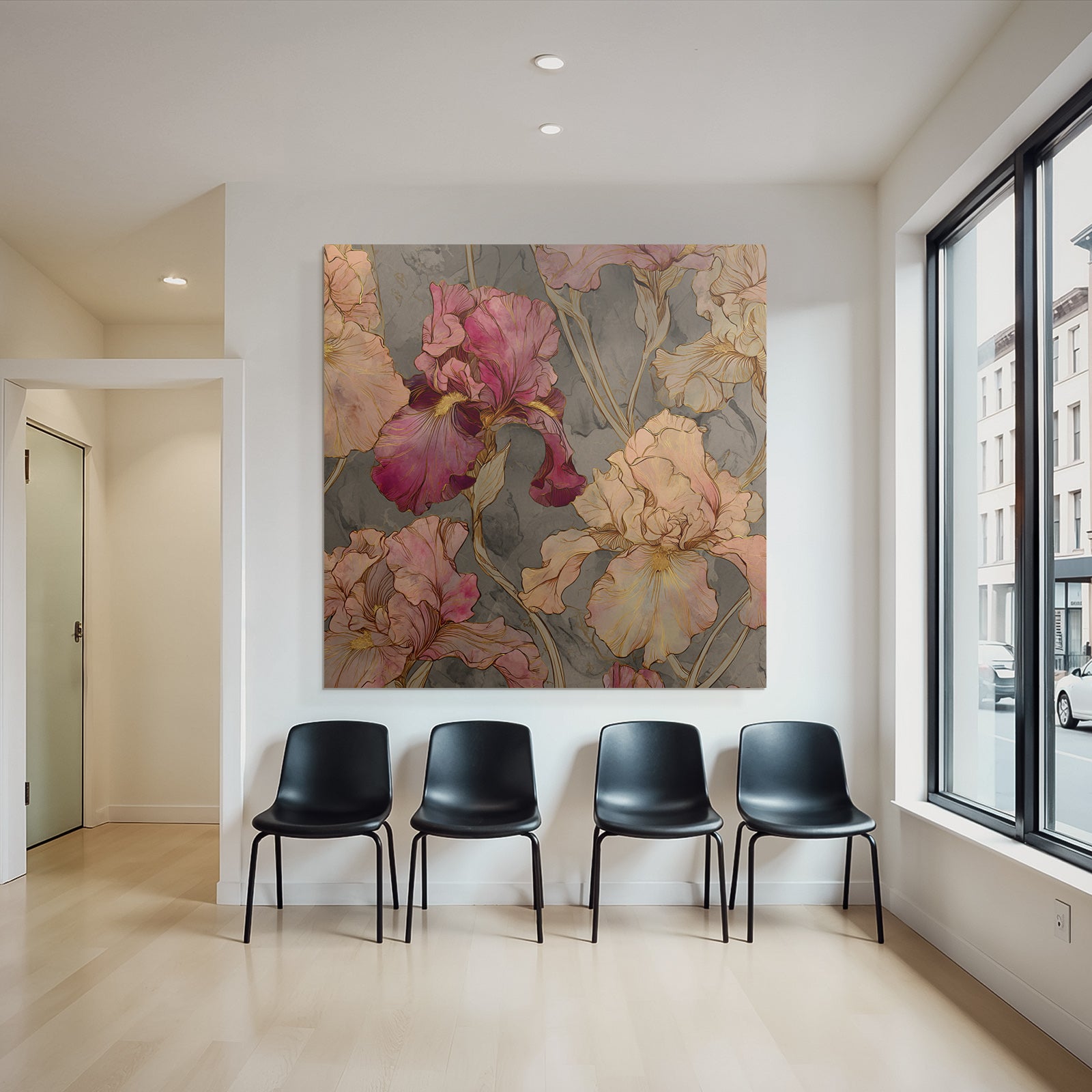 Florale Illustration Mit Irissen In Rosa Und Pfirsich Auf Graüm Hintergrund