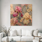 Florale Illustration Mit Irissen In Rosa Und Pfirsich Auf Graüm Hintergrund