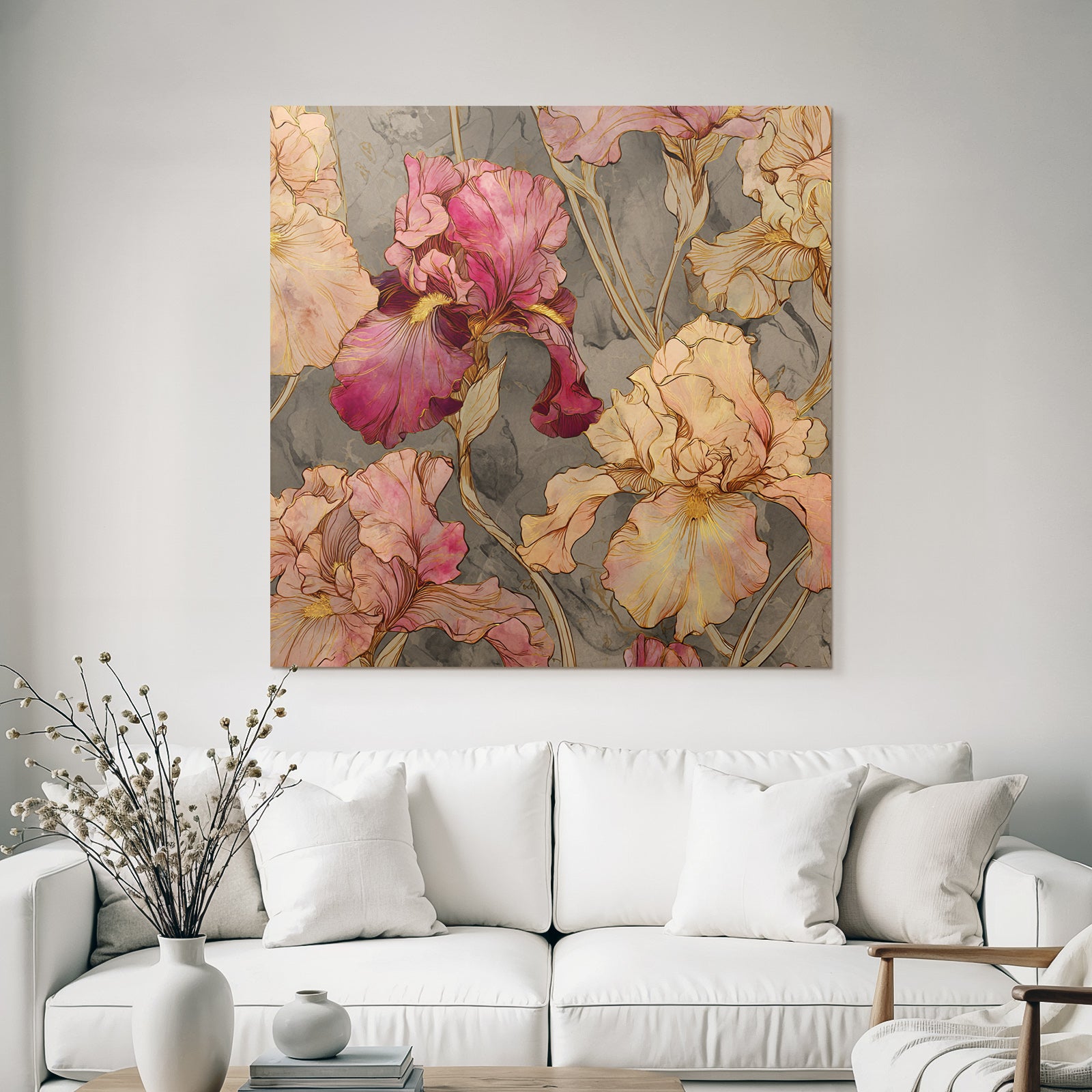Florale Illustration Mit Irissen In Rosa Und Pfirsich Auf Graüm Hintergrund