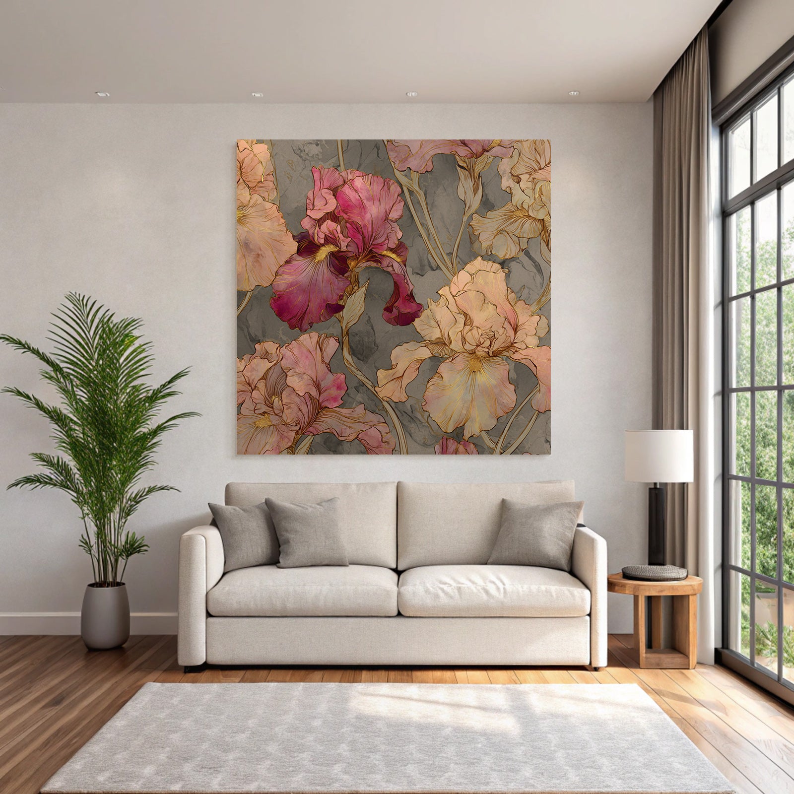 Florale Illustration Mit Irissen In Rosa Und Pfirsich Auf Graüm Hintergrund
