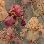 Florale Illustration Mit Irissen In Rosa Und Pfirsich Auf Graüm Hintergrund | Jugendstil | Stilrichtungen