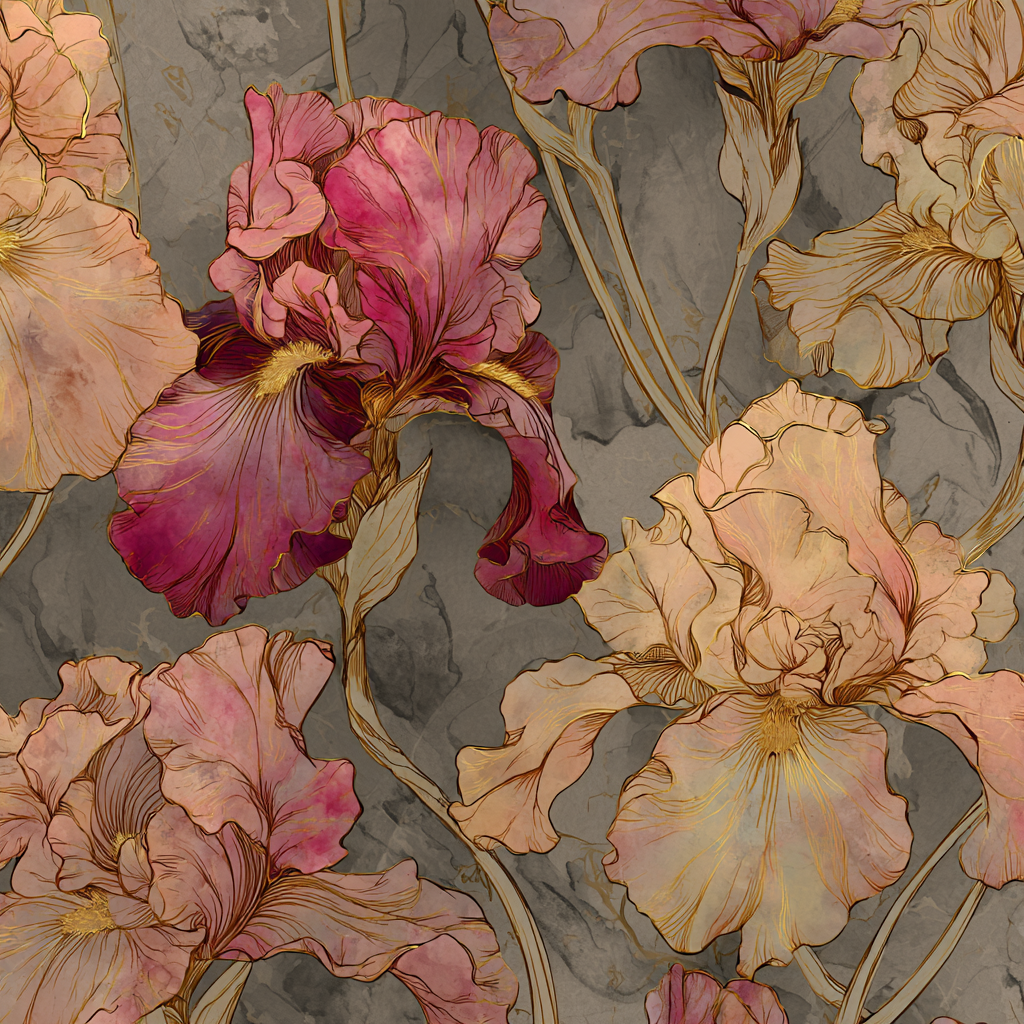 Florale Illustration Mit Irissen In Rosa Und Pfirsich Auf Graüm Hintergrund | Jugendstil | Stilrichtungen