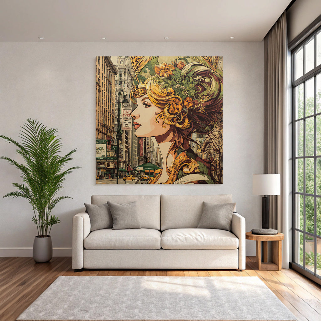 Frau Mit Blumenschmuck In Stadtlandschaft Im