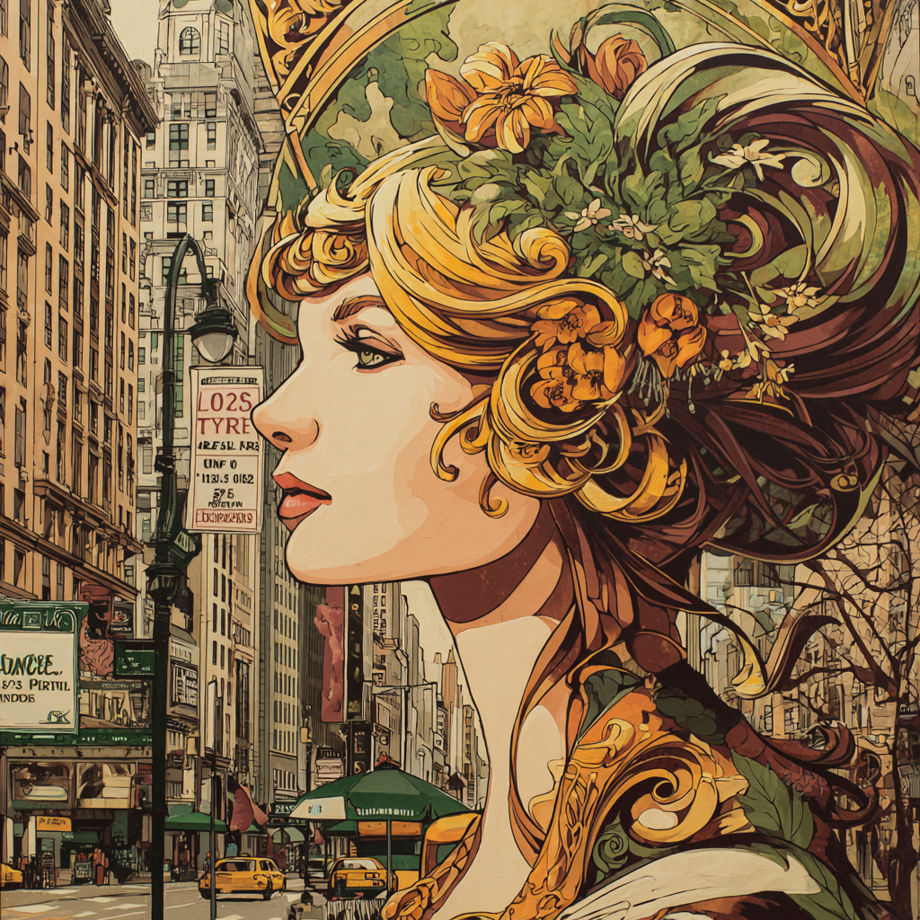 Frau Mit Blumenschmuck In Stadtlandschaft Im | Jugendstil | Stilrichtungen