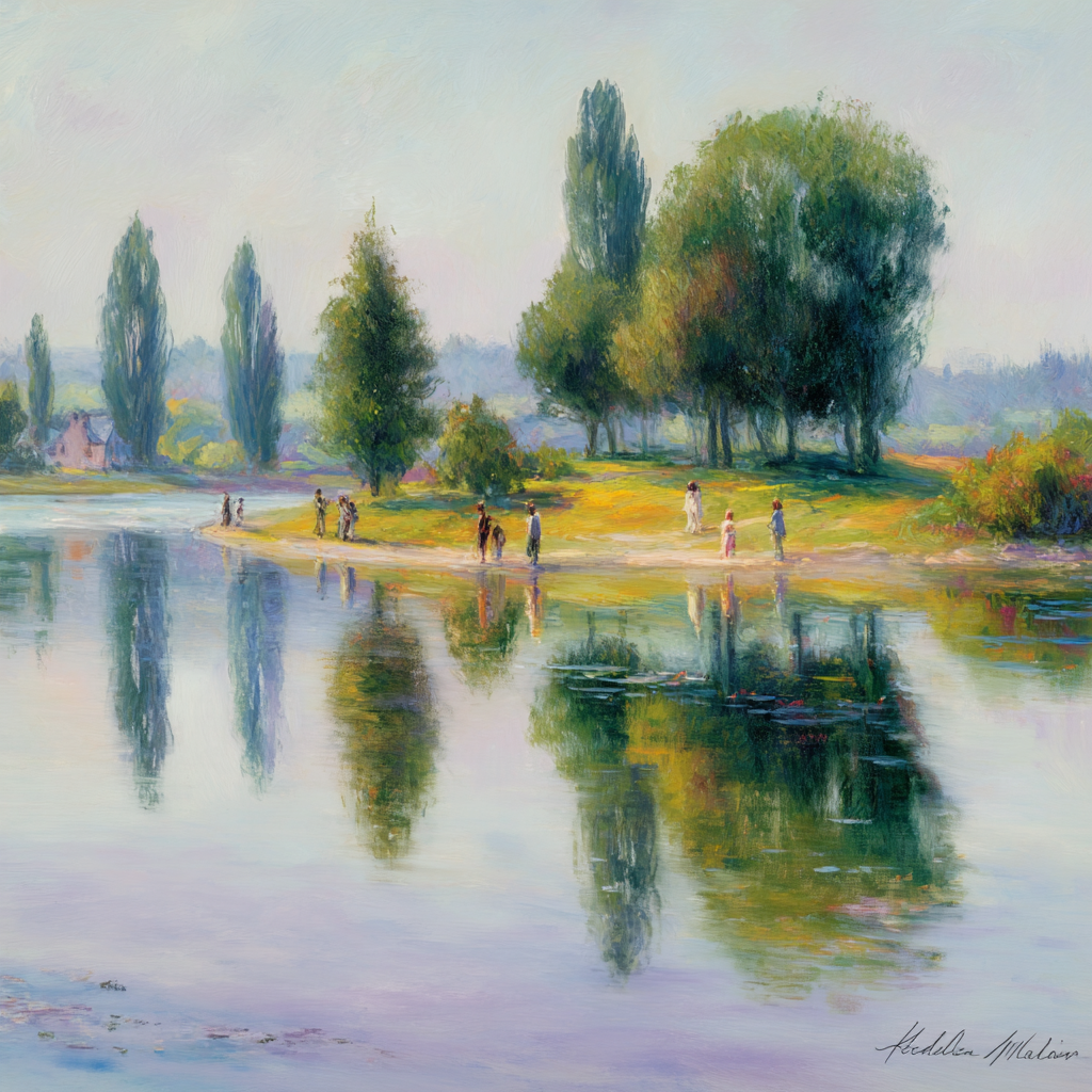 Friedliche Landschaft Am Seeufer Mit Spaziergängern | Jugendstil | Stilrichtungen