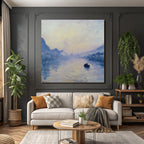 Friedliche Landschaft Mit Fluss Boot Und Gebirge