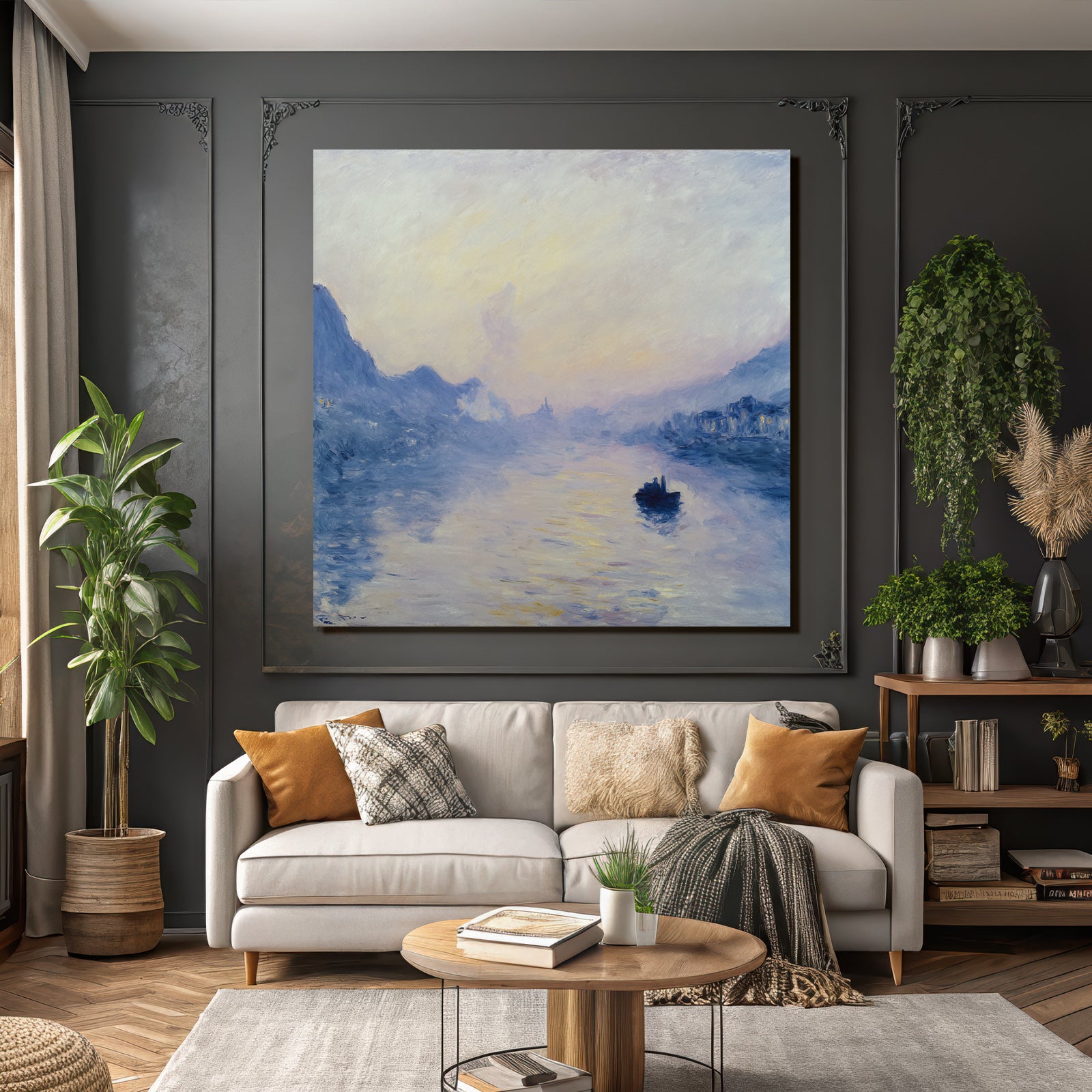 Friedliche Landschaft Mit Fluss Boot Und Gebirge