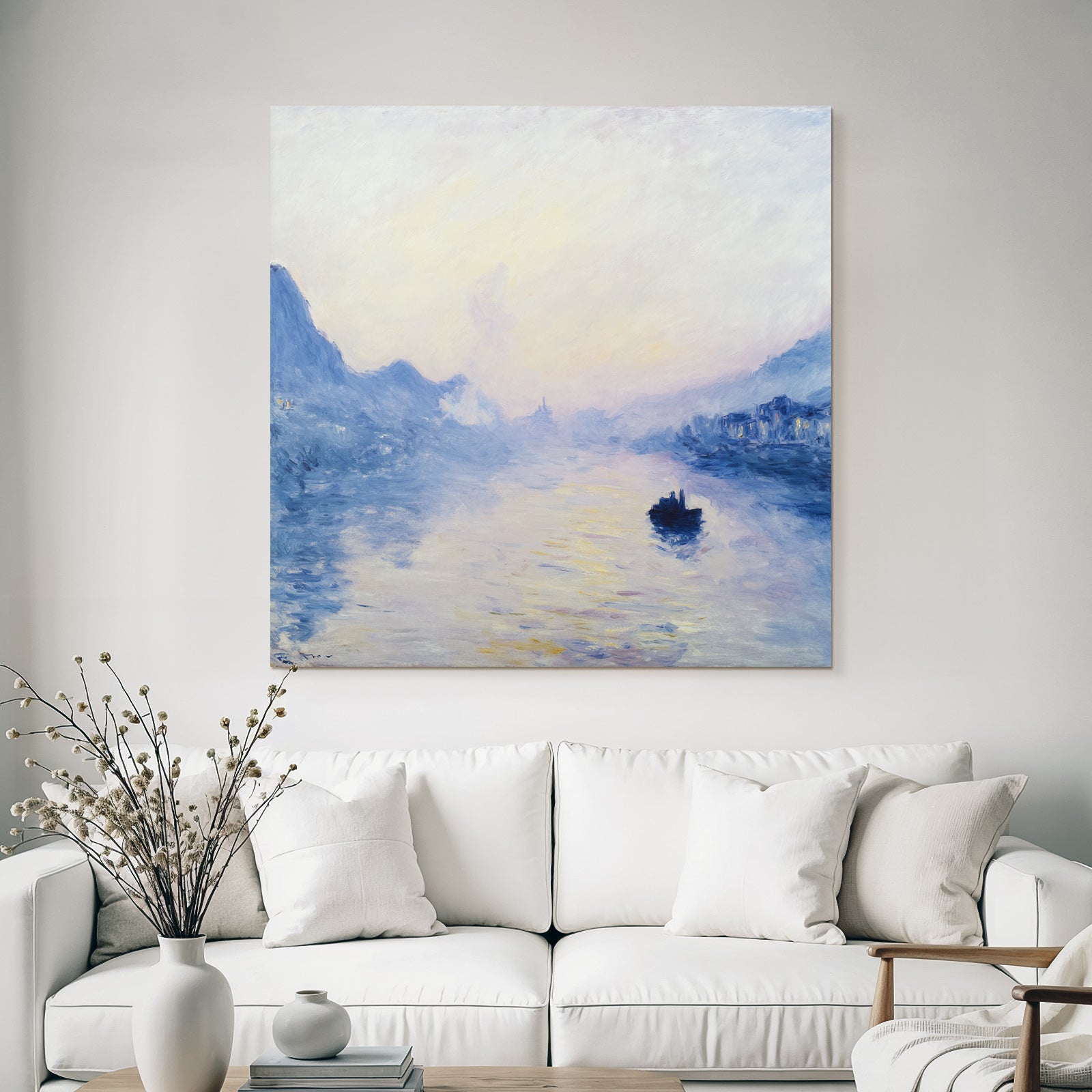 Friedliche Landschaft Mit Fluss Boot Und Gebirge