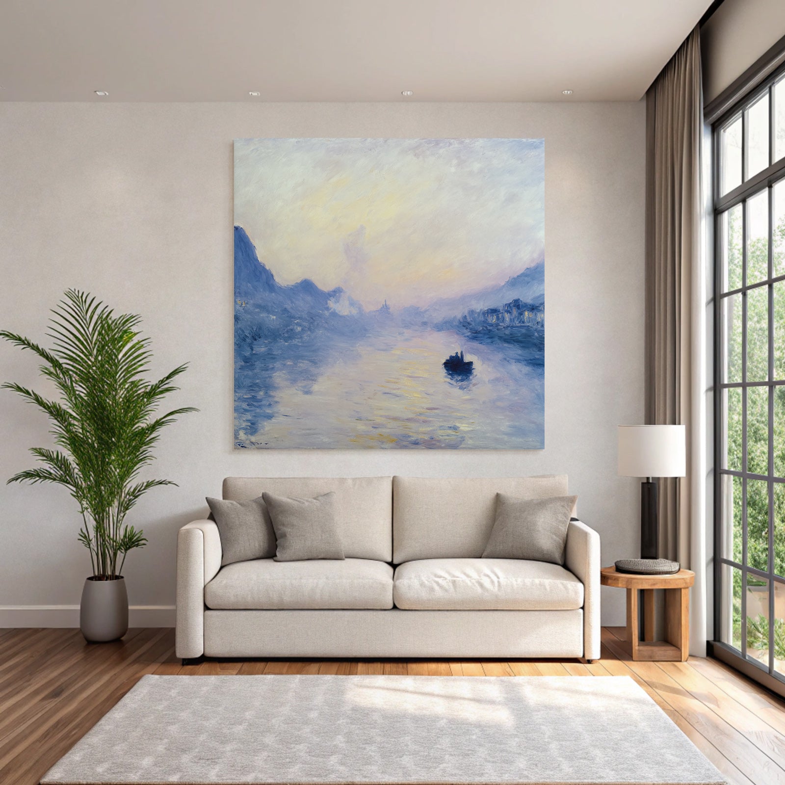 Friedliche Landschaft Mit Fluss Boot Und Gebirge