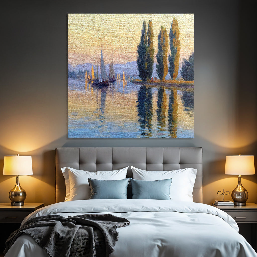 Friedliche Uferlandschaft Mit Segelbooten Und Bergpanorama Im Sonnenaufgang