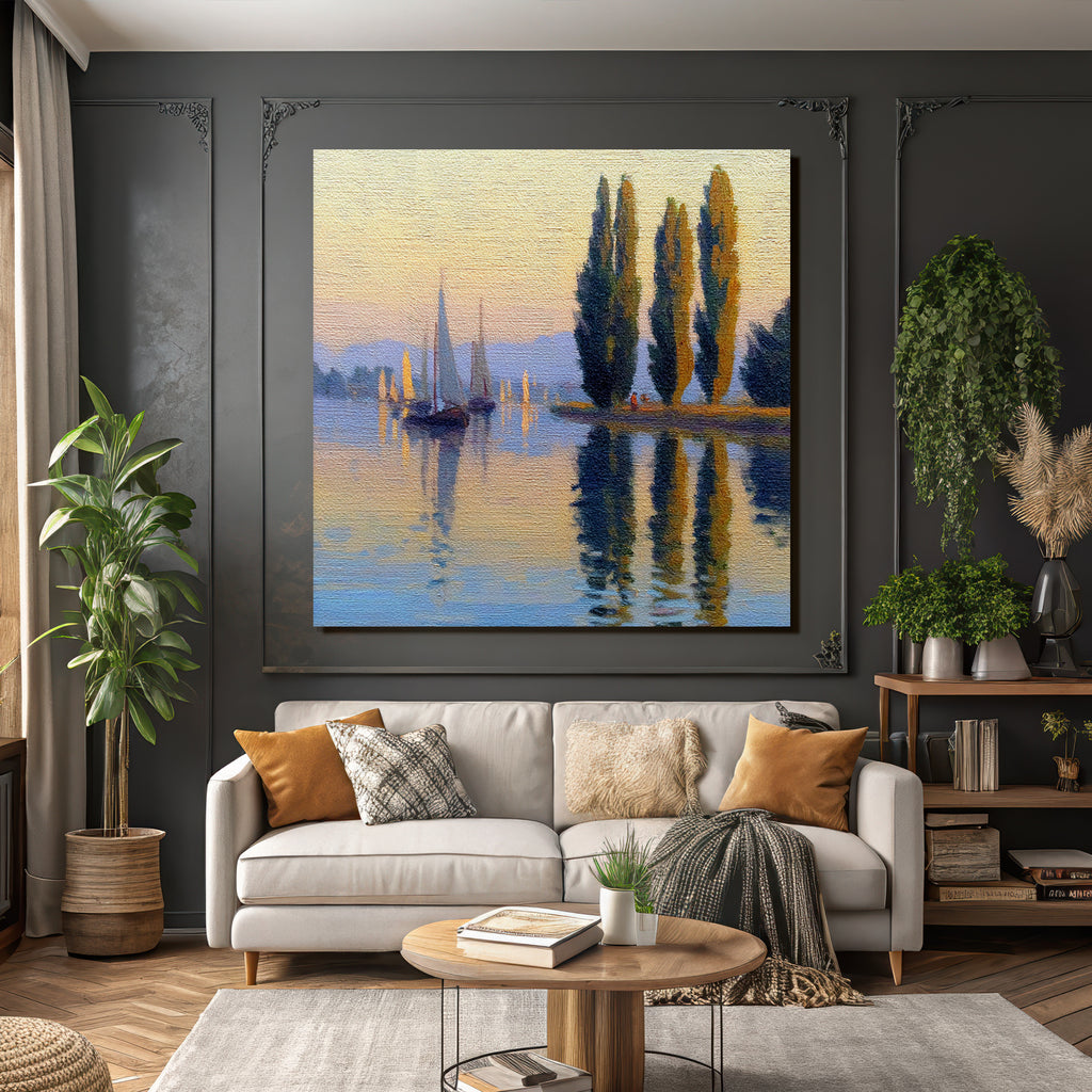 Friedliche Uferlandschaft Mit Segelbooten Und Bergpanorama Im Sonnenaufgang