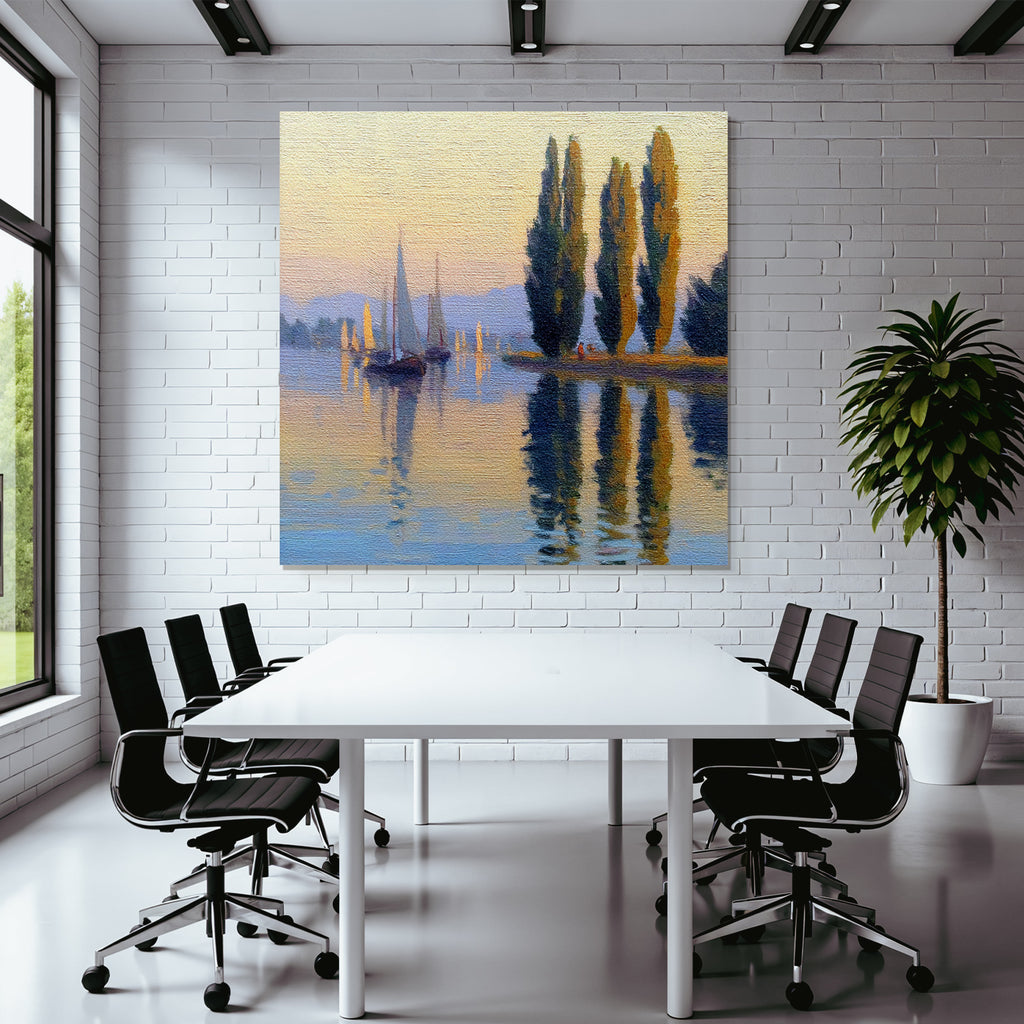 Friedliche Uferlandschaft Mit Segelbooten Und Bergpanorama Im Sonnenaufgang