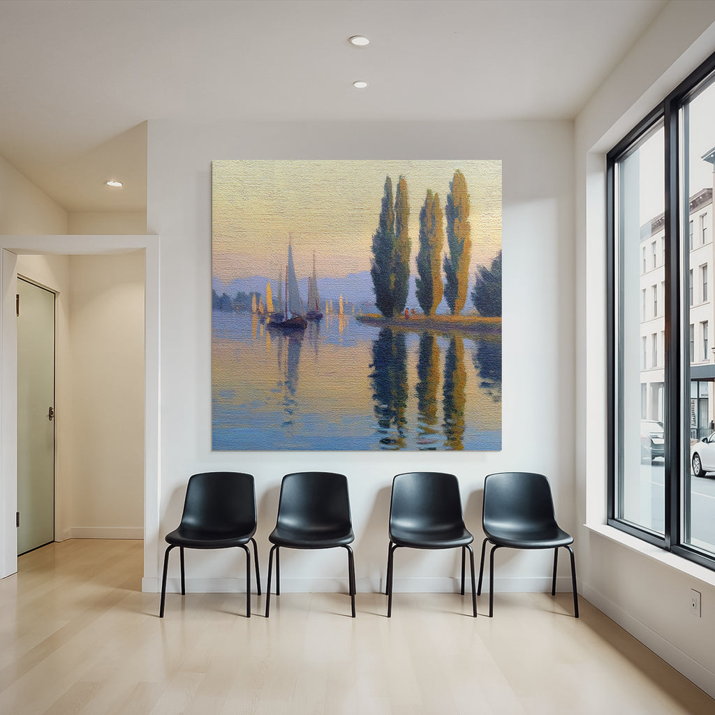 Friedliche Uferlandschaft Mit Segelbooten Und Bergpanorama Im Sonnenaufgang