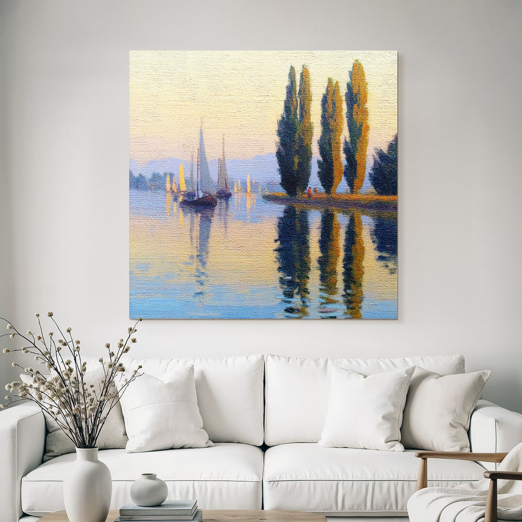 Friedliche Uferlandschaft Mit Segelbooten Und Bergpanorama Im Sonnenaufgang
