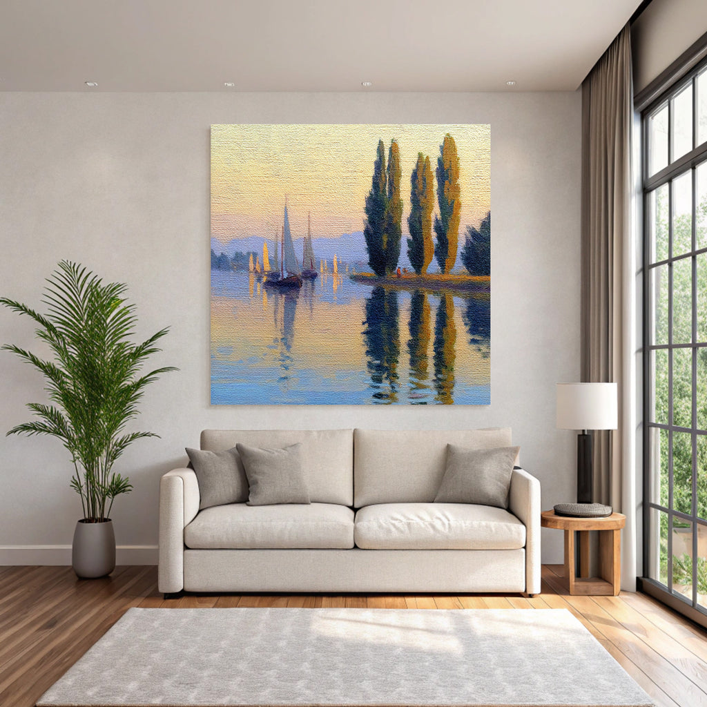 Friedliche Uferlandschaft Mit Segelbooten Und Bergpanorama Im Sonnenaufgang