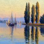 Friedliche Uferlandschaft Mit Segelbooten Und Bergpanorama Im Sonnenaufgang | Jugendstil | Stilrichtungen