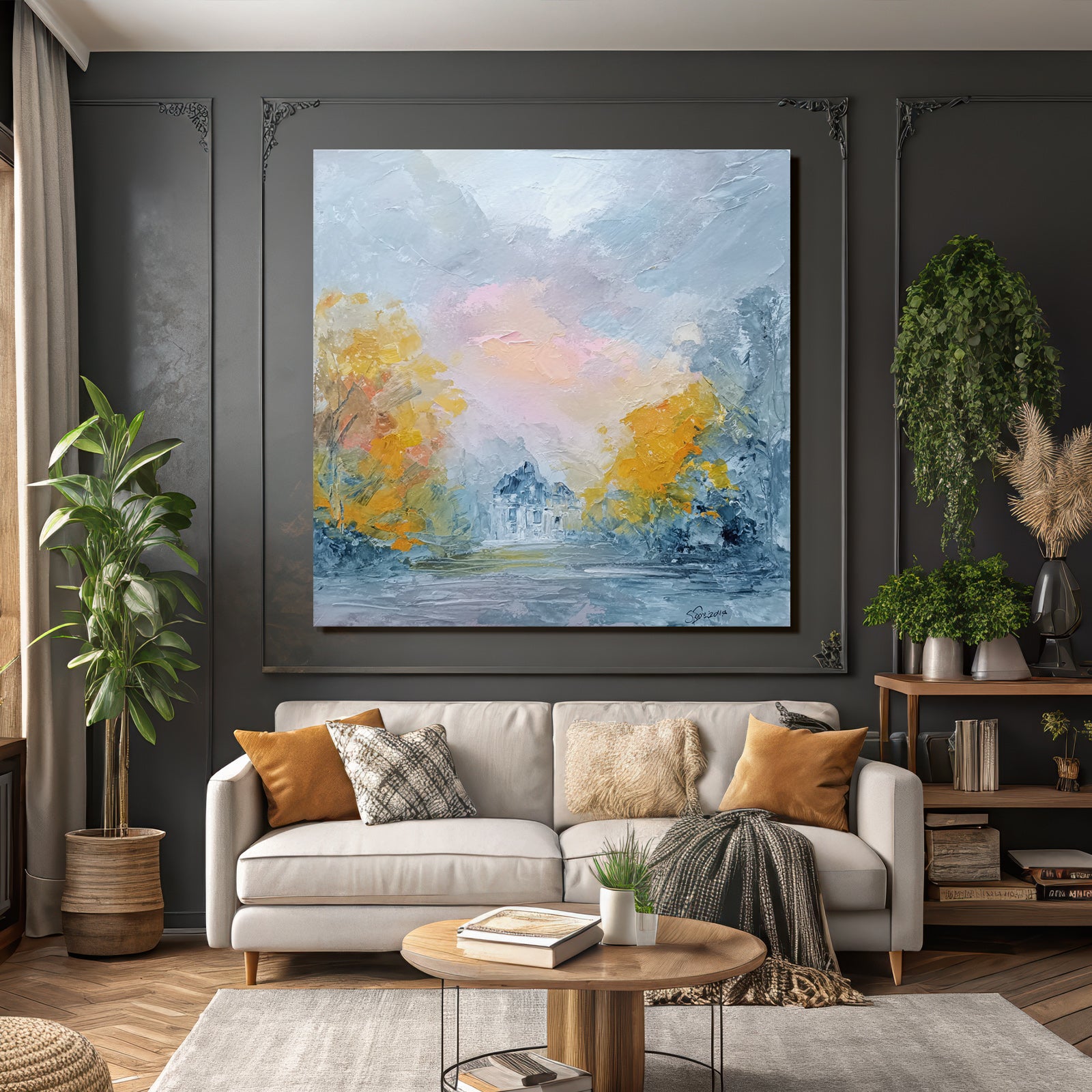 Herbstlandschaft Mit Haus Und Bunten Herbstbaeumen