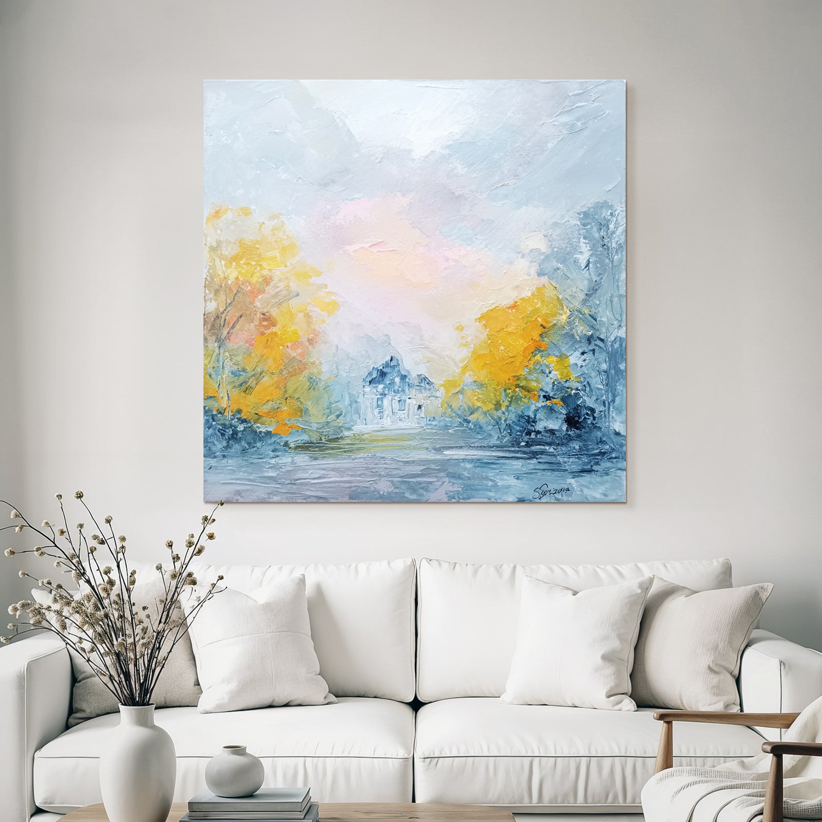 Herbstlandschaft Mit Haus Und Bunten Herbstbaeumen