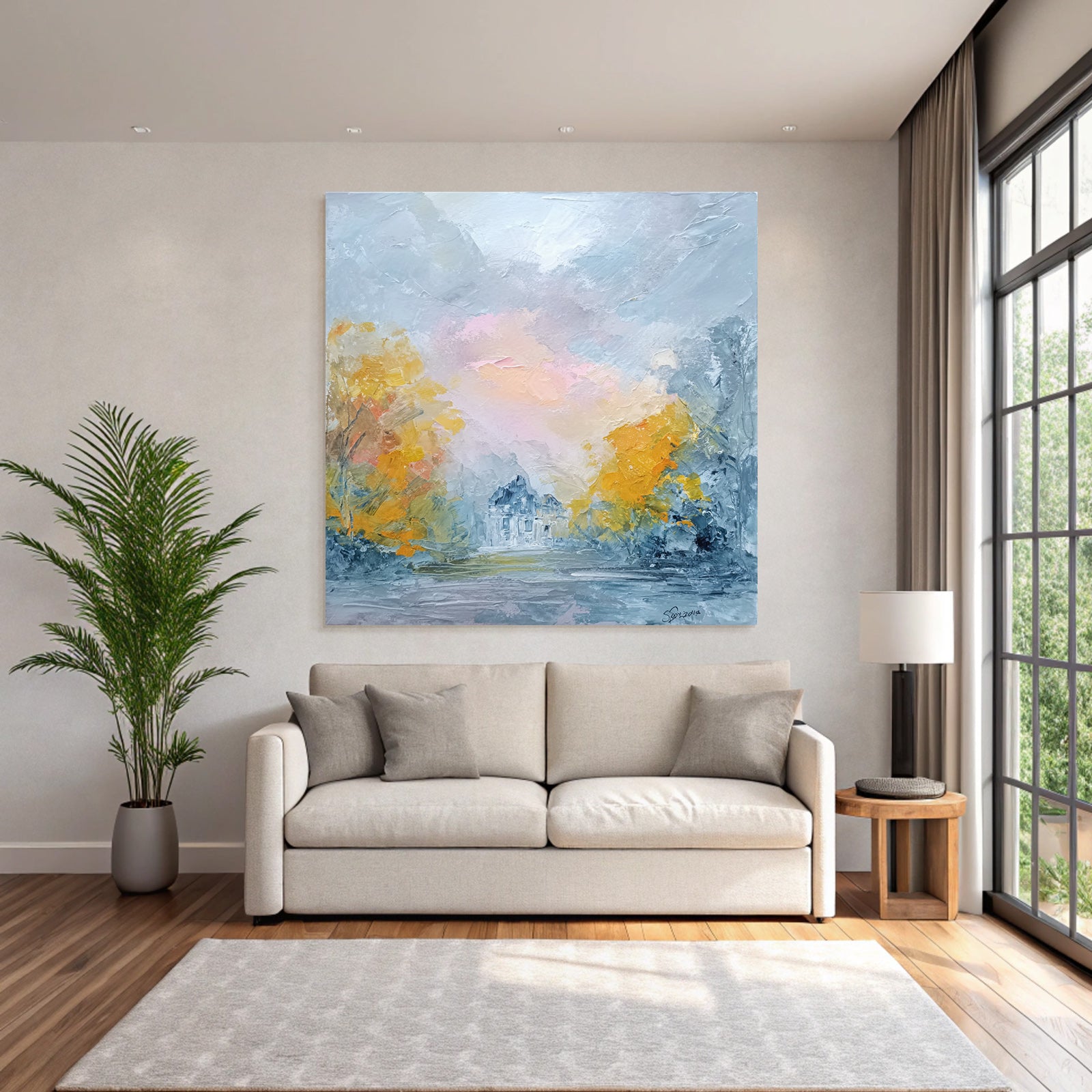 Herbstlandschaft Mit Haus Und Bunten Herbstbaeumen