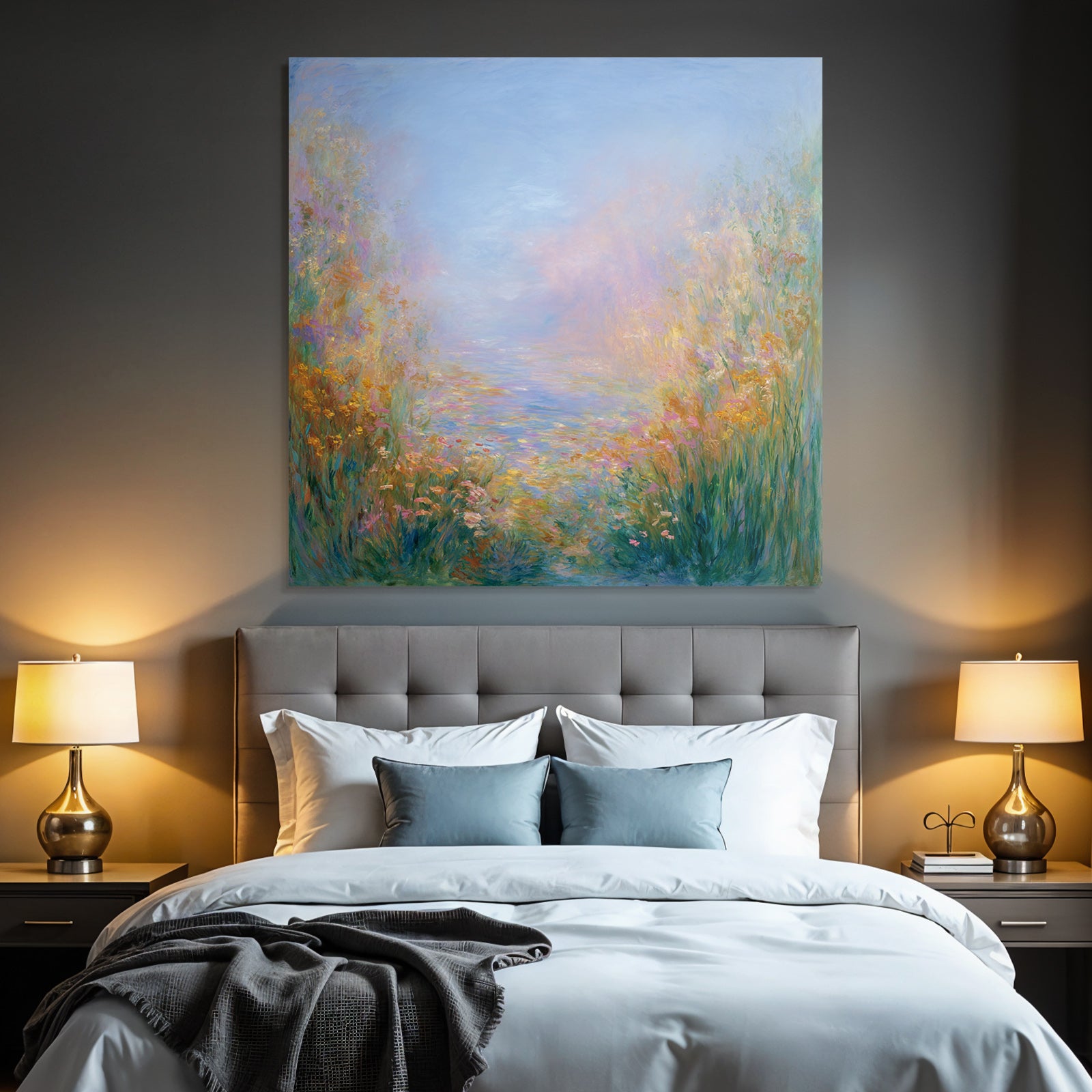 Impressionistische Landschaft Mit Zarten Blumen Und Wasser