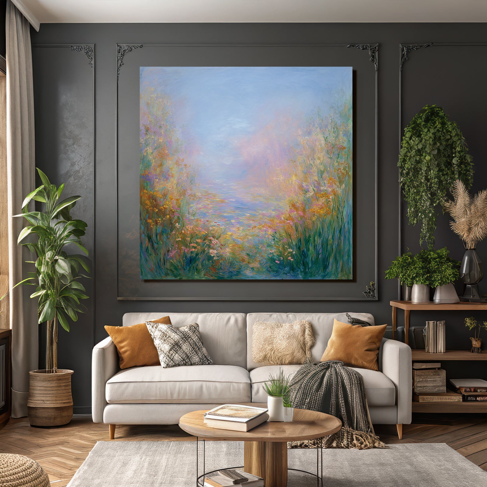 Impressionistische Landschaft Mit Zarten Blumen Und Wasser