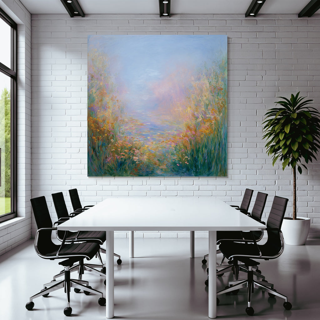 Impressionistische Landschaft Mit Zarten Blumen Und Wasser