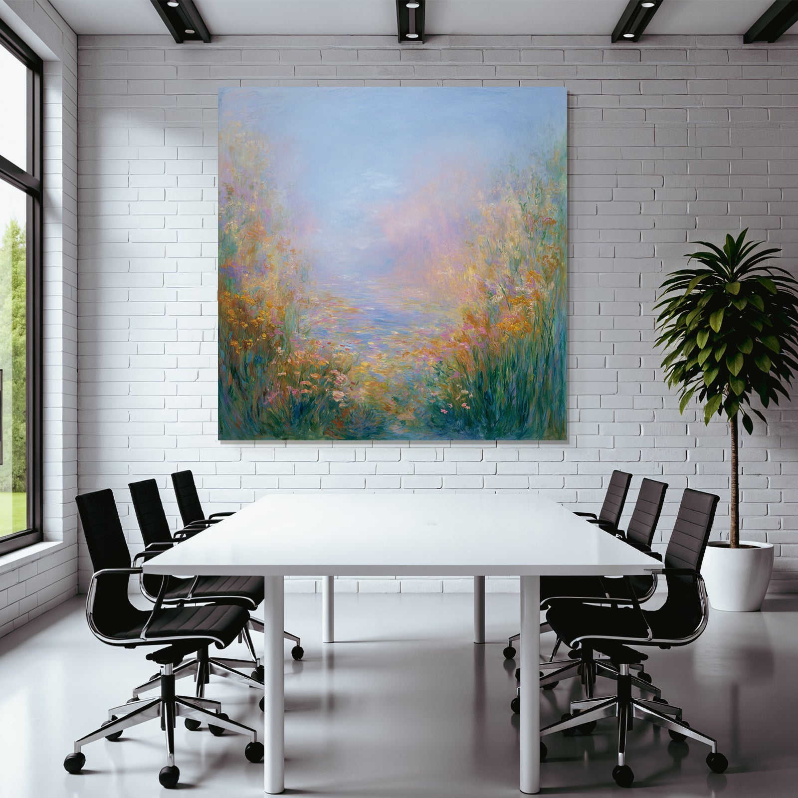 Impressionistische Landschaft Mit Zarten Blumen Und Wasser