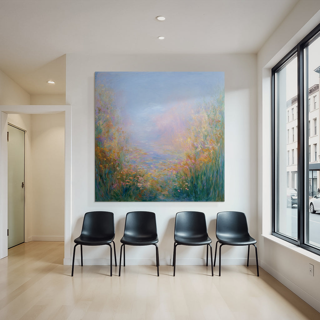 Impressionistische Landschaft Mit Zarten Blumen Und Wasser