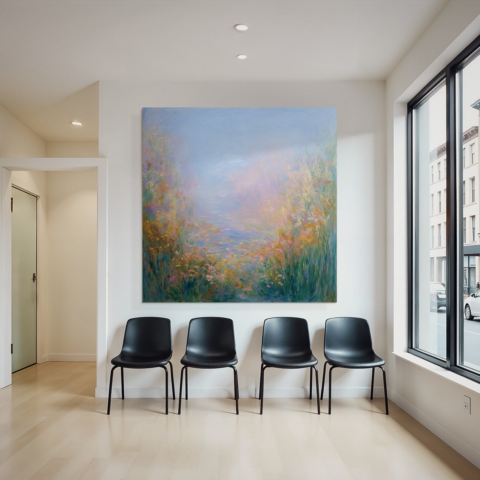 Impressionistische Landschaft Mit Zarten Blumen Und Wasser