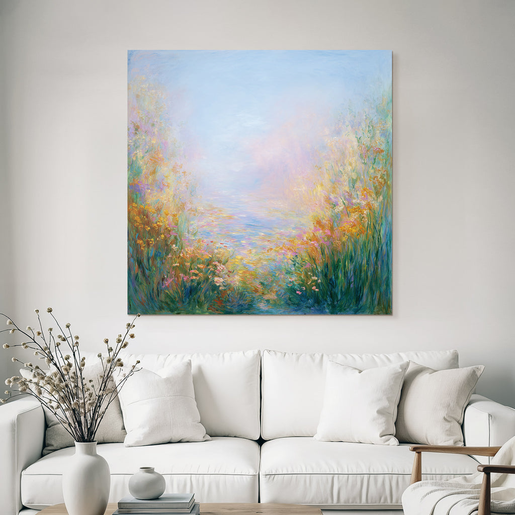 Impressionistische Landschaft Mit Zarten Blumen Und Wasser