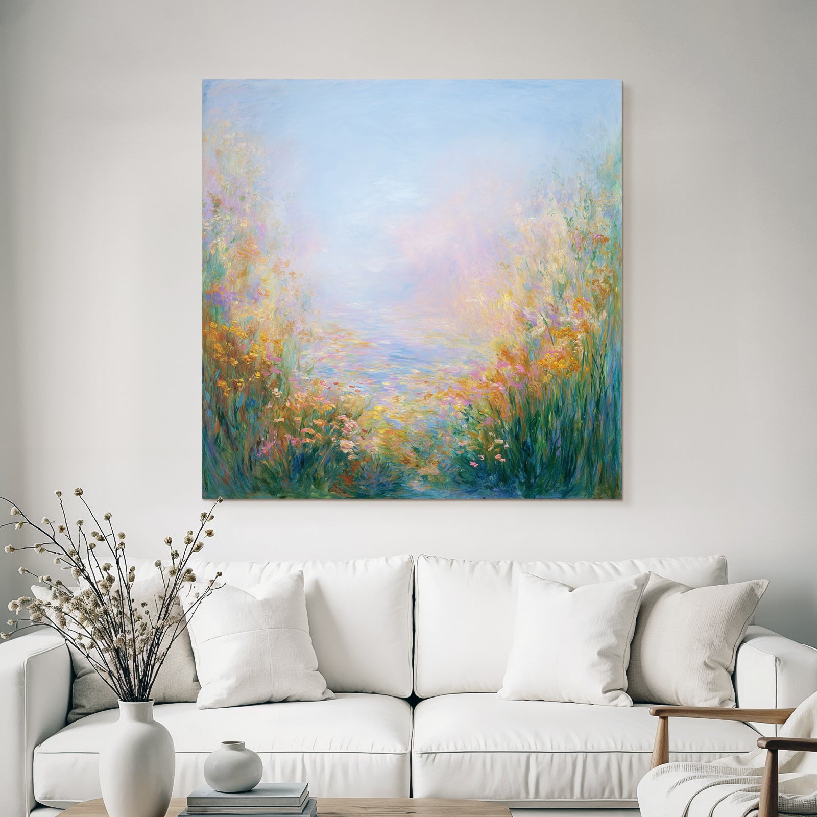 Impressionistische Landschaft Mit Zarten Blumen Und Wasser