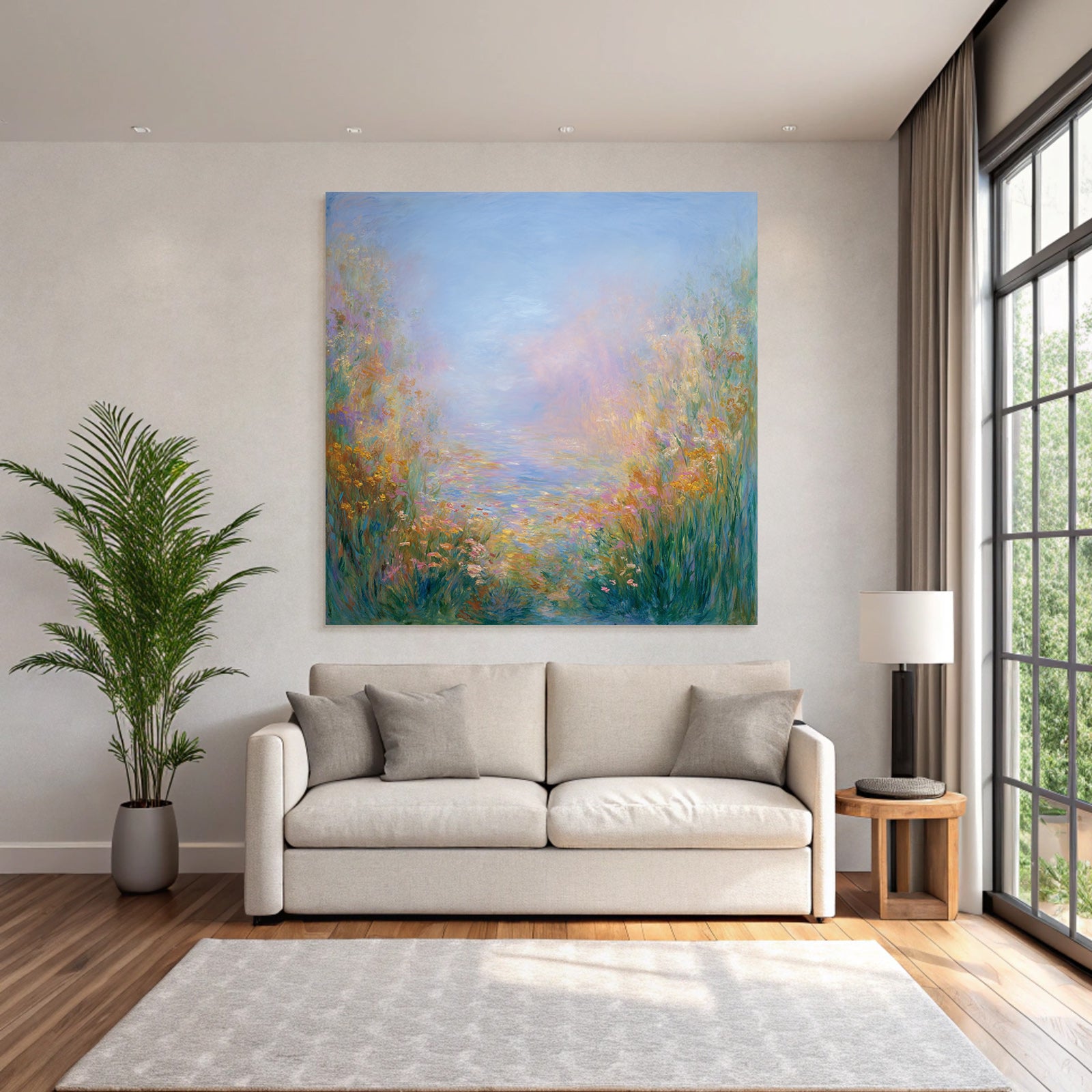 Impressionistische Landschaft Mit Zarten Blumen Und Wasser