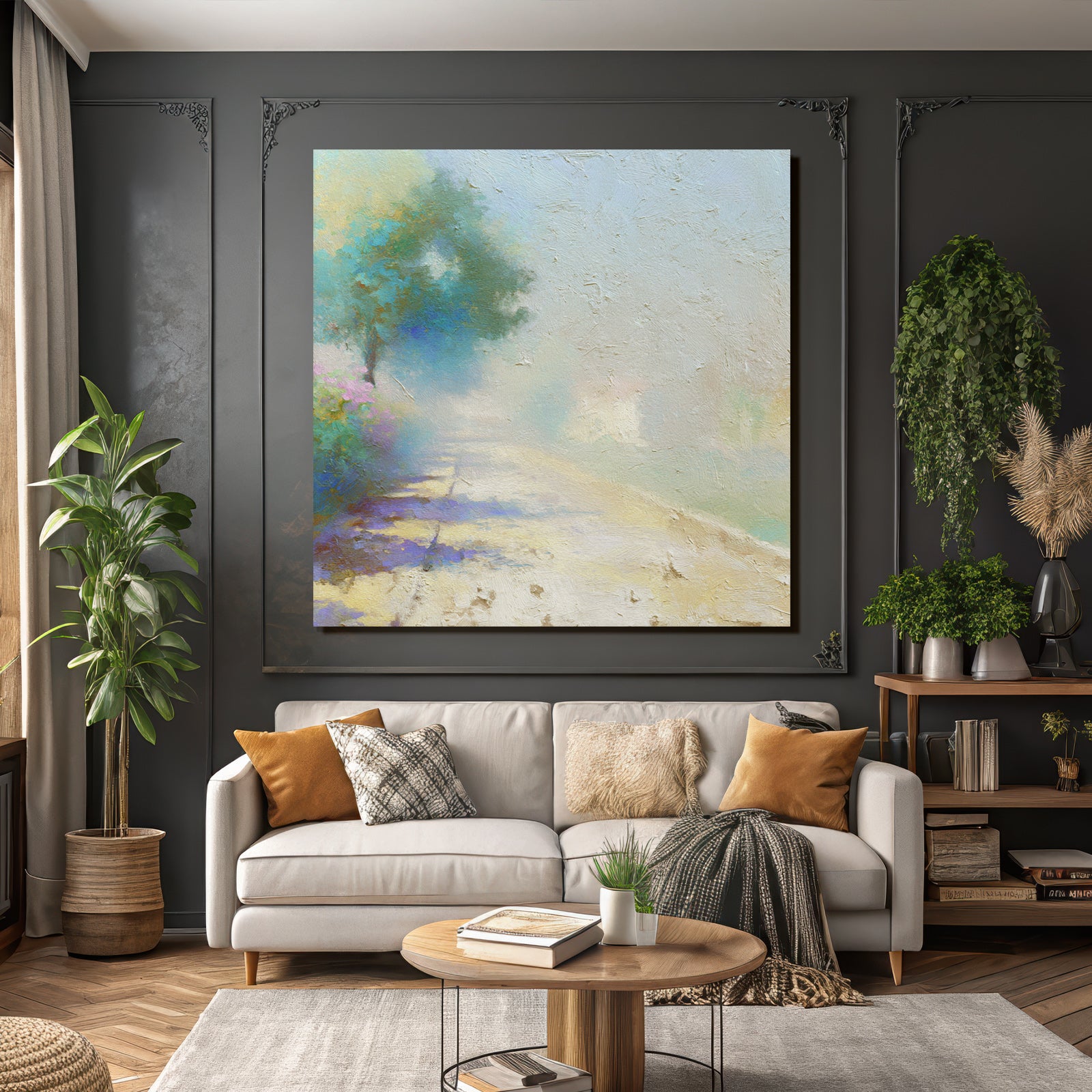 Impressionistische Landschaft Mit Pfad Und Blumen