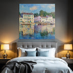 Impressionistische Uferlandschaft Mit Haeusern Grünen Läden Und Wasserspiegelung