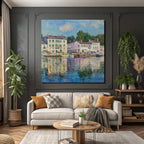 Impressionistische Uferlandschaft Mit Haeusern Grünen Läden Und Wasserspiegelung