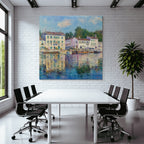 Impressionistische Uferlandschaft Mit Haeusern Grünen Läden Und Wasserspiegelung