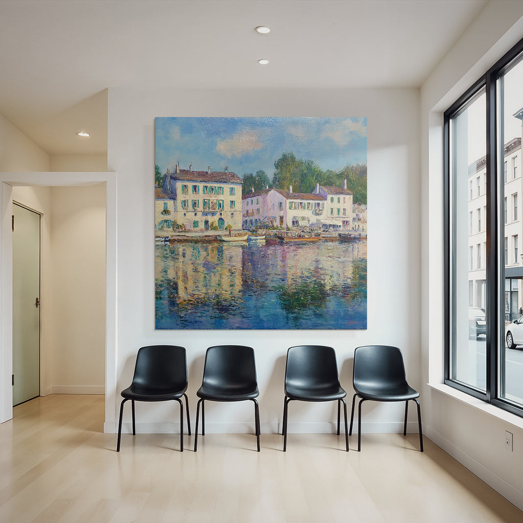 Impressionistische Uferlandschaft Mit Haeusern Grünen Läden Und Wasserspiegelung